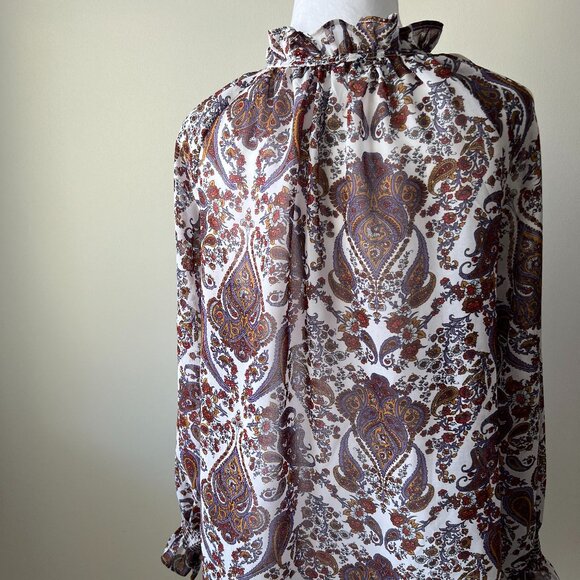 💜AMANDA GREEN * Elegant top with ruffles around neck and wrists Sz M Pa… - Picture 2 of 9